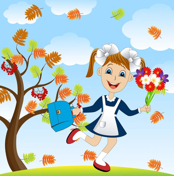 Alegre chica con un ramo de flores alrededor del Rowan árbol — Vector de stock