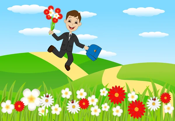 Niño alegre con un ramo de flores para correr a la escuela — Vector de stock