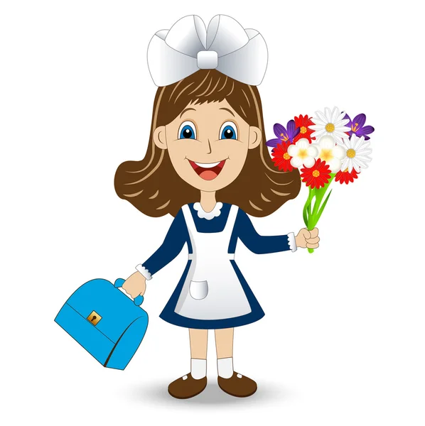 Fille gaie en uniforme scolaire avec un bouquet de fleurs — Image vectorielle