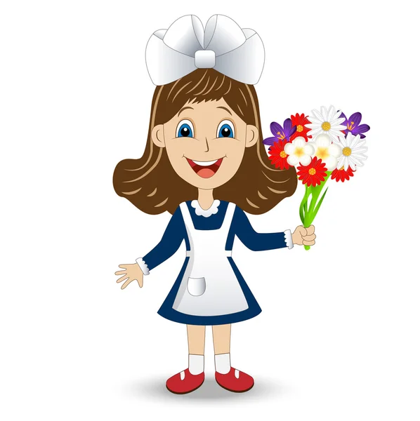 Cheerful girl in school uniform with a bouquet of flowers — Stock Vector