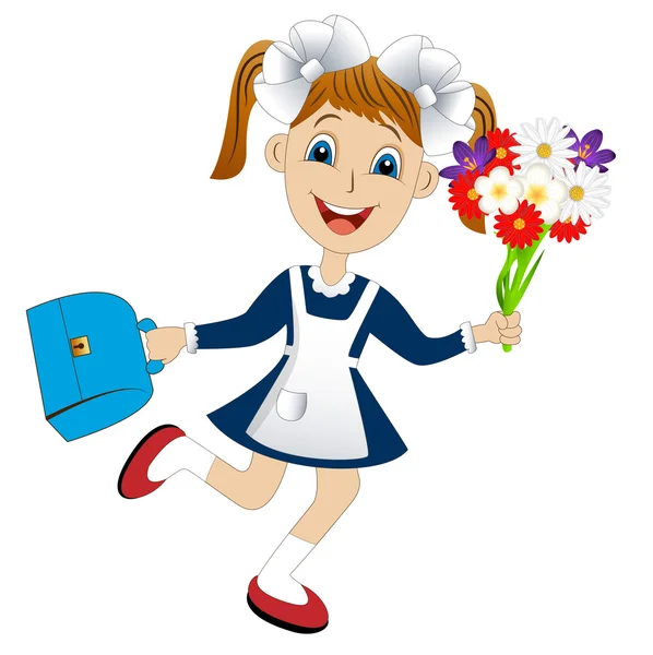 Bir buket çiçek ve bir çanta ile neşeli kız — Stok Vektör