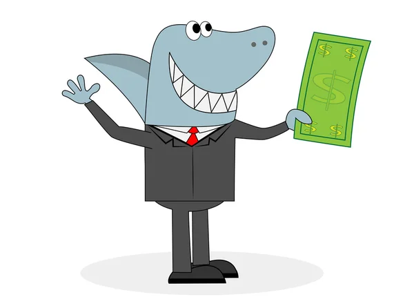 Business man with a head of a shark with a dollar in hand — Stock Vector