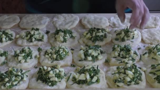 Mujer pone en el relleno de la masa — Vídeos de Stock