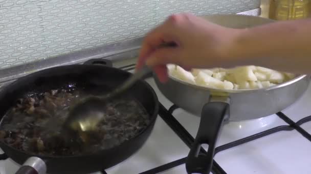 Donna patatine fritte su padelle patate e funghi — Video Stock