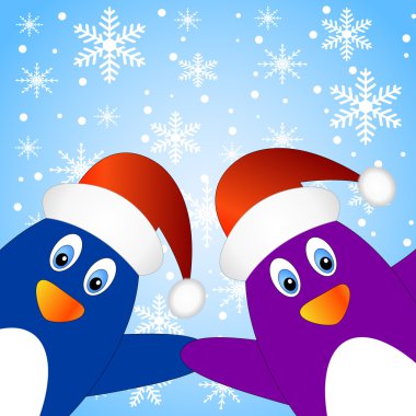 Kar taneleri ile mavi bir arka plan üzerinde iki penguenler
