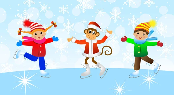 Cheerful children and the monkey on skates — Stock Vector