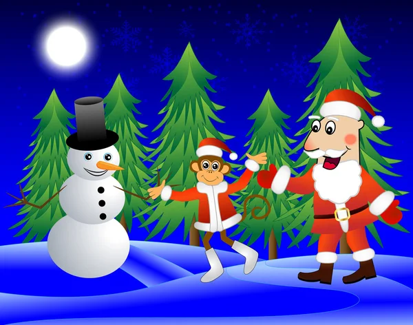 Monkey , Santa Claus and snowman on the edge of the forest — Stock Vector