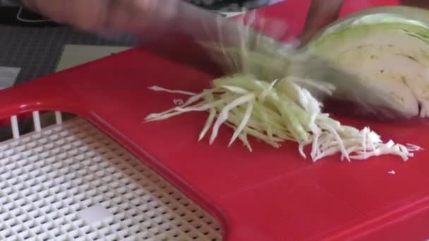 Женщина режет капусту — стоковое видео