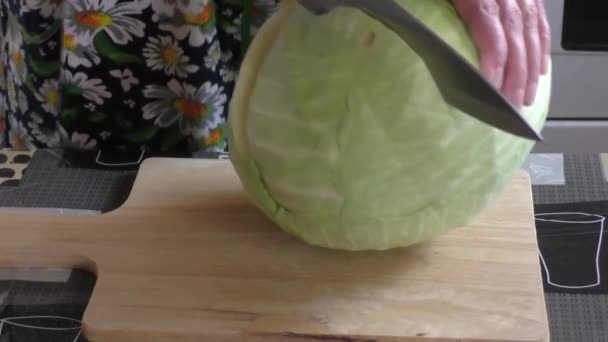 The woman cuts plugs of cabbage — Stock Video