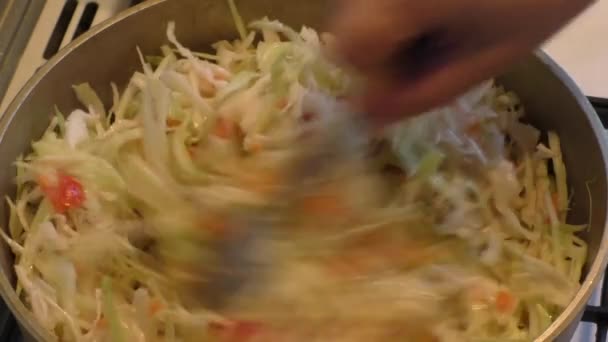 Η γυναίκα που προετοιμάζεται για το βρασμένο λάχανο — Αρχείο Βίντεο
