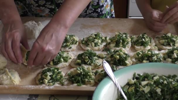 Grandmother and grandson of concocting pies — Stock Video