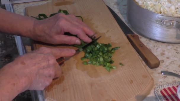 Vrouw snijdt groene uien — Stockvideo