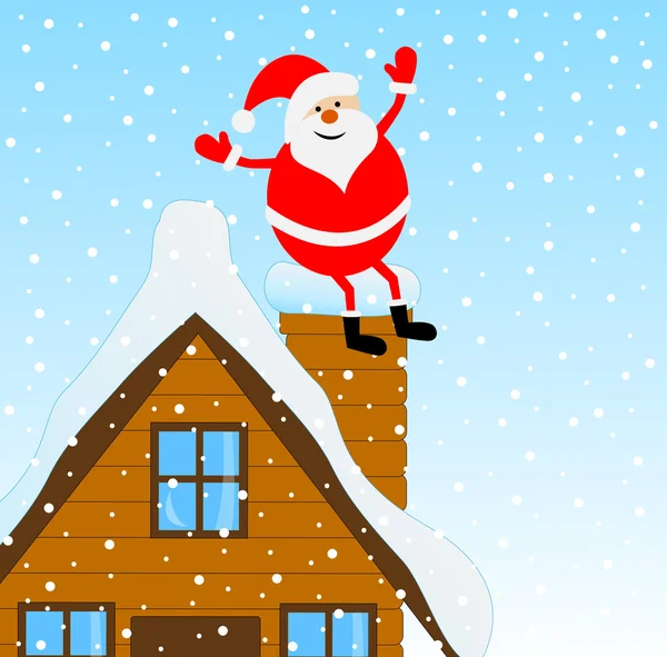 Санта Клаус сидит на трубе деревянного дома — стоковый вектор