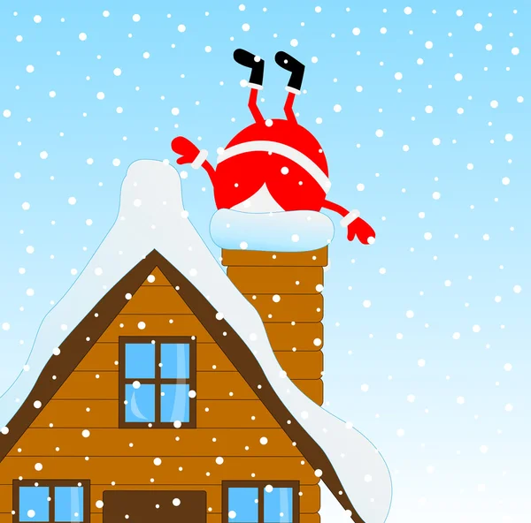 Santa Claus climbing the chimney of a wooden house — Stock Vector