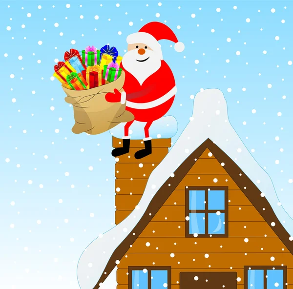 Santa Claus sitting on a pipe of a wooden house with a bag of gi — Stock Vector