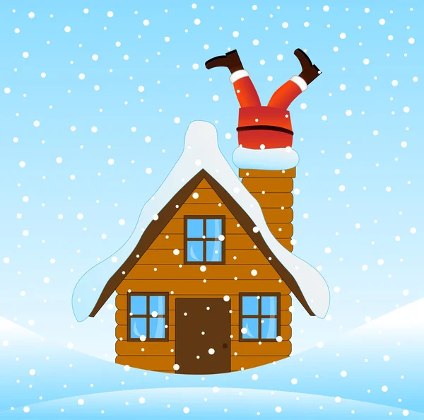 Santa Claus klimmen de schoorsteen van een houten huis — Stockvector