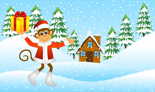 Monkey with a gift in the winter forest — Stock Vector