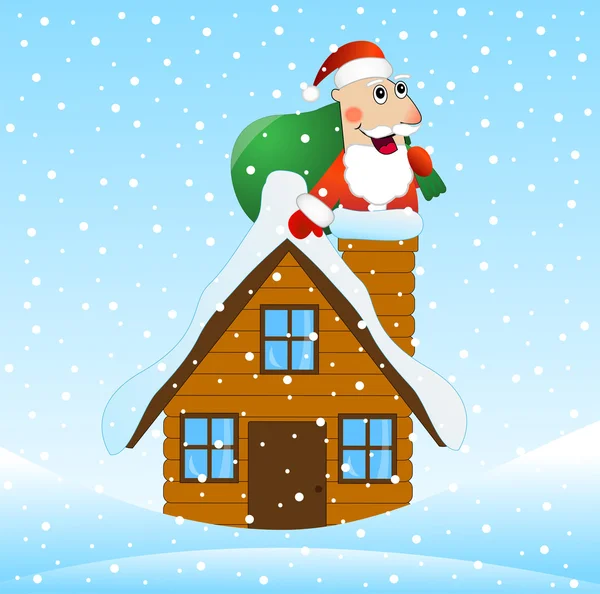 Santa Claus en el techo de la casa con una bolsa de regalos — Vector de stock