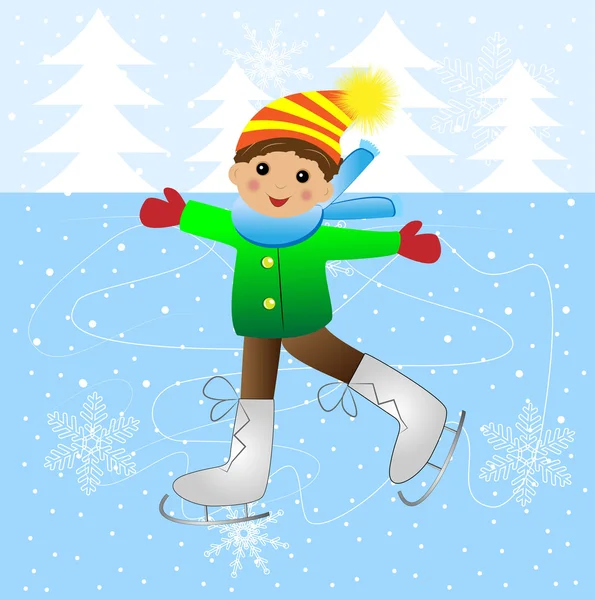 开朗的男孩，在冰上滑冰 — 图库矢量图片