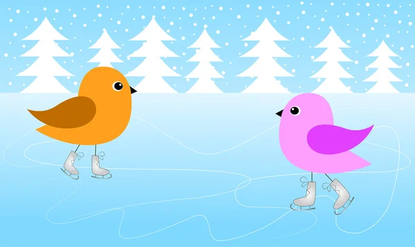 Deux oiseaux patinent sur la glace — Image vectorielle