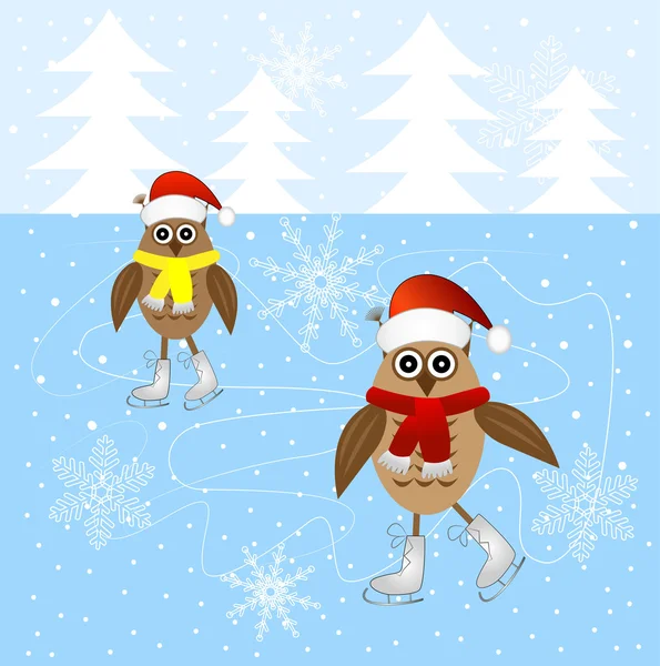 两只猫头鹰在冰上滑冰 — 图库矢量图片