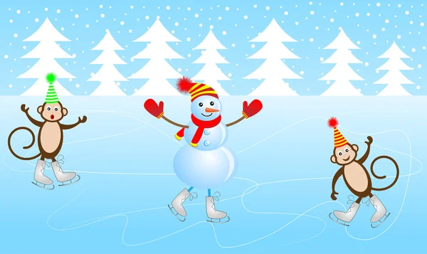 Bonhomme de neige joyeux et deux singes patinent sur la glace — Image vectorielle