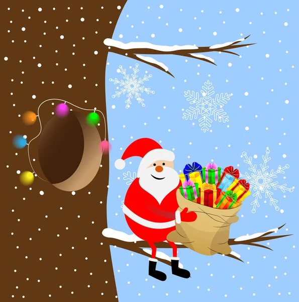 Santa Claus with a bag of gifts sitting on a tree branch — Stock Vector