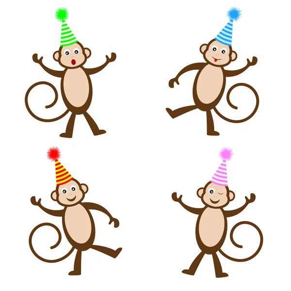 Cuatro monos divertidos en sombreros festivos — Vector de stock