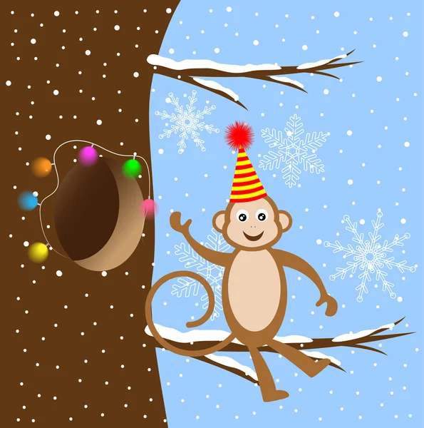 Macaco engraçado sentado em um galho de árvore — Vetor de Stock