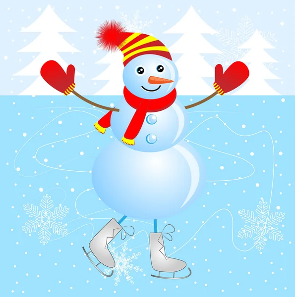 Alegre muñeco de nieve patinando sobre hielo — Archivo Imágenes Vectoriales