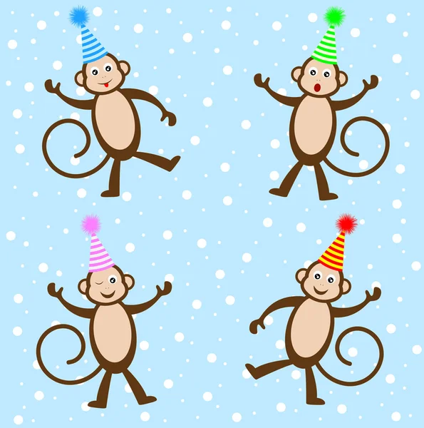 Четыре смешные обезьяны в праздничных шляпах — стоковый вектор