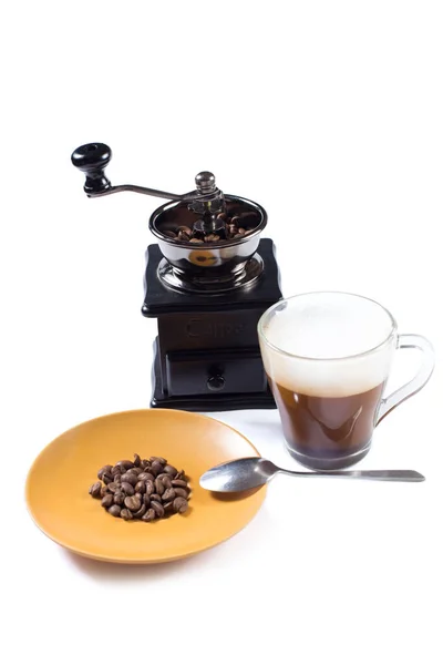 Copa Cuppuccino Con Molinillo Café Madera Manual Granos Café Plato — Foto de Stock