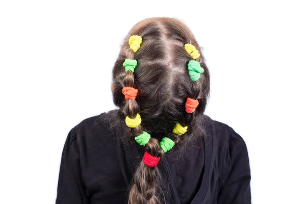 Peinado Infantil Con Coletas Bandas Elásticas Colores Vista Occipital Sobre — Foto de Stock