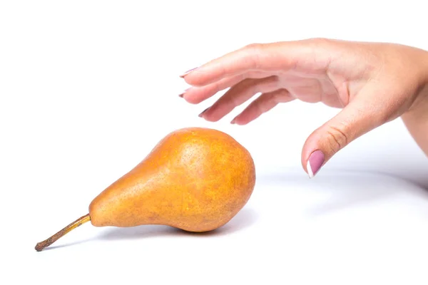 Womans Hand Picking Ripe Yellow Pear Isolated White — Stok fotoğraf