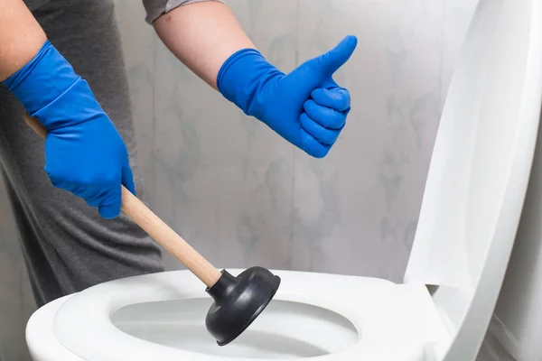 Hands Gloves Holding Suction Cup Showing Thumb Toilet Bowl — Stock Photo, Image