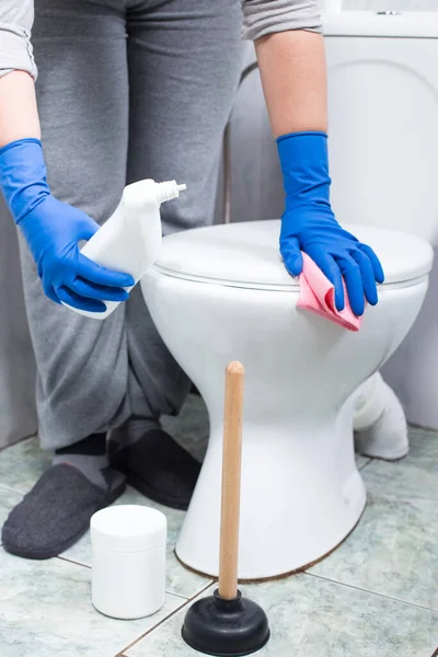 집안의 화장실 변기를 흡입기와 세제로 청소하는 여자들 — 스톡 사진