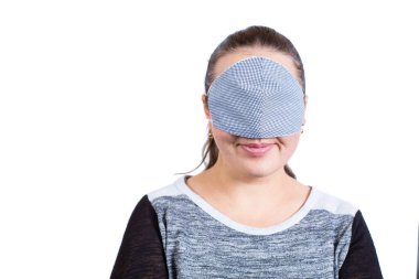 Young girl wear on mask on her eyes, like the way to ignoring quarantine. clipart