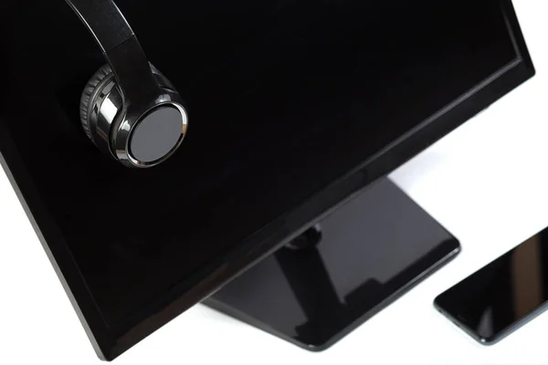 Auricolare Gioco Nero Con Monitor Smartphone Isolato Bianco — Foto Stock