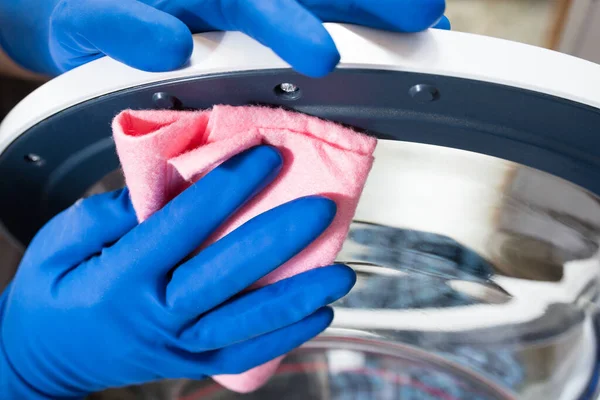 Hands Blue Gloves Close Cleaning Washing Machine Using — Stock Photo, Image