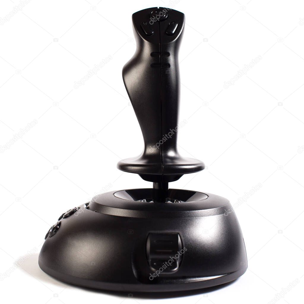 Joystick for airplane video games, black color isolated on a white.