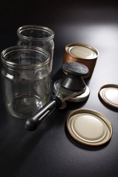 Pots Verre Avec Clé Mise Conserve Gros Plan Sur Fond — Photo