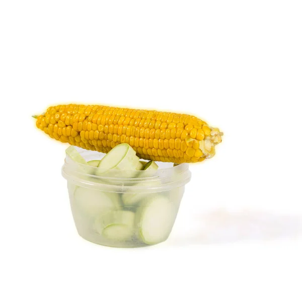 Yellow Sweet Corn Bowl Zucchini Isolated White Background — Stock Photo, Image