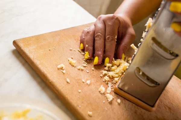 Prepare Parmesan Cheese Grate Kitchen Grater Close Wooden Board — Stock Photo, Image