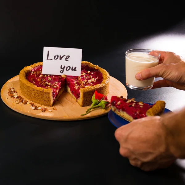 Male Hands Taking Eat Piece Pie Glass Milk Drink Black — Stock Photo, Image