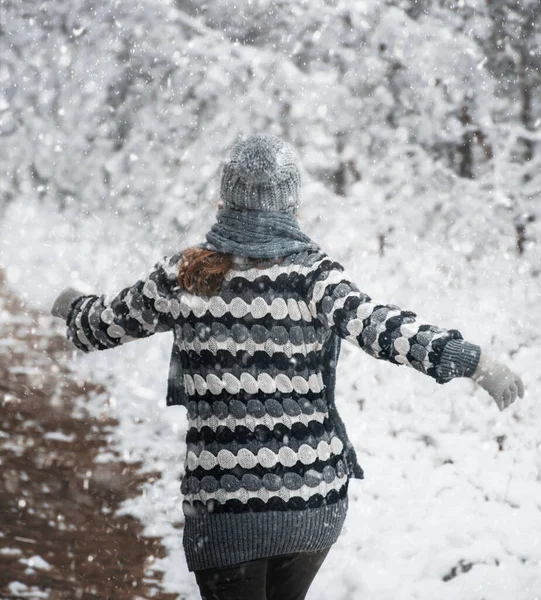 Woman Snowy Forest Runs Rejoices Snow — Stock Photo, Image
