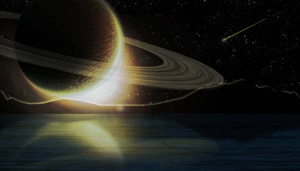fantasy art eclipse of the sun by the planet Saturn with reflection in the sea. shooting star