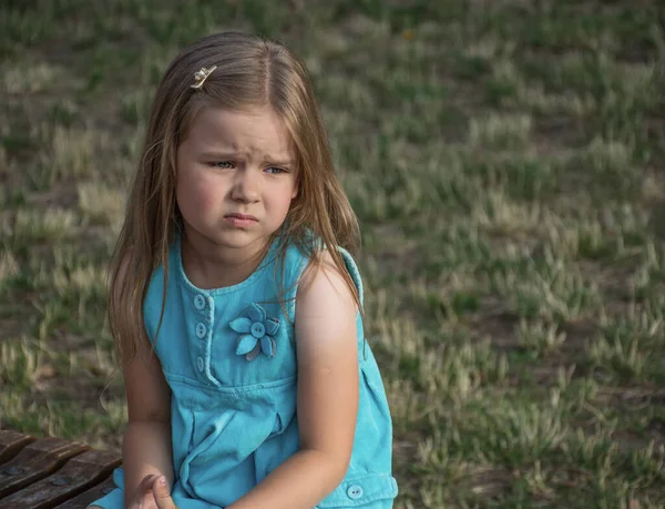 Very Sad Little Girl Blue Dress Street — Stock Photo, Image