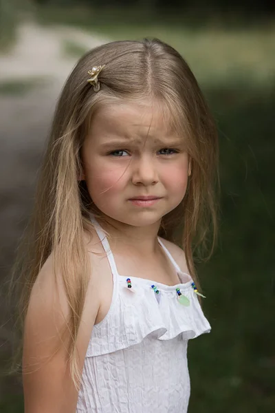 Very Sad Little Girl Blue Dress Street — Stock Photo, Image