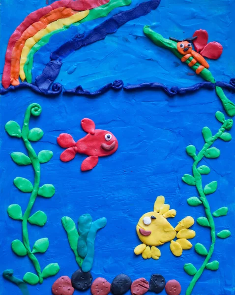 Diy Plasticine Craft Children Underwater World Fish Rainbow — Stock Photo, Image