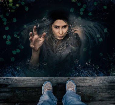 siren character reaches out of the water to drag a person to the bottom. character for halloween. book cover.